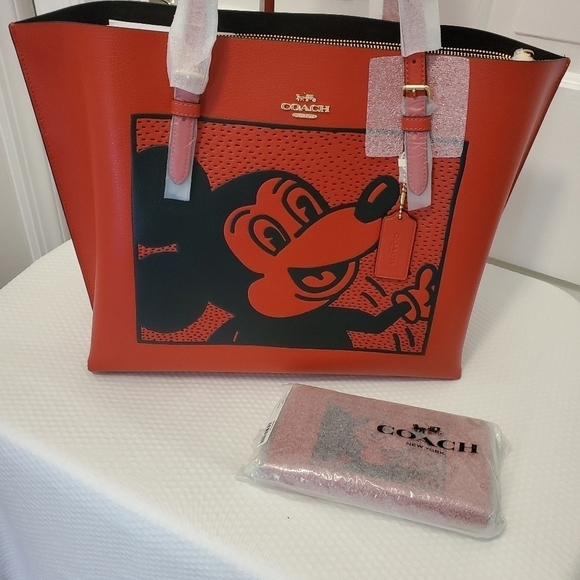 NWT Coach Disney Mickey Mouse X Keith Haring Leather Mollie Tote & Wallet Set - Picture 3 of 14